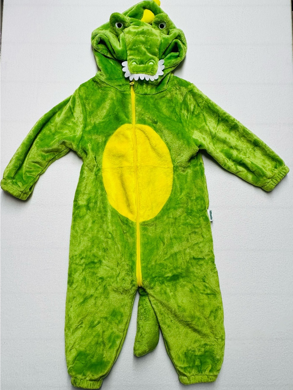 LOLanta Kids Dragon Dinosaur Costume Size 7/8 Green Plush Hooded Jumpsuit